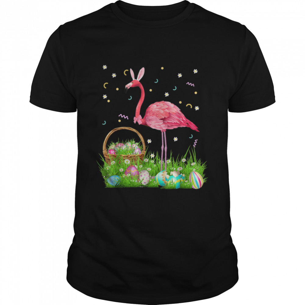 Flamingo Easter Day Bunny Ear Costume With Easter Basket Egg Shirt