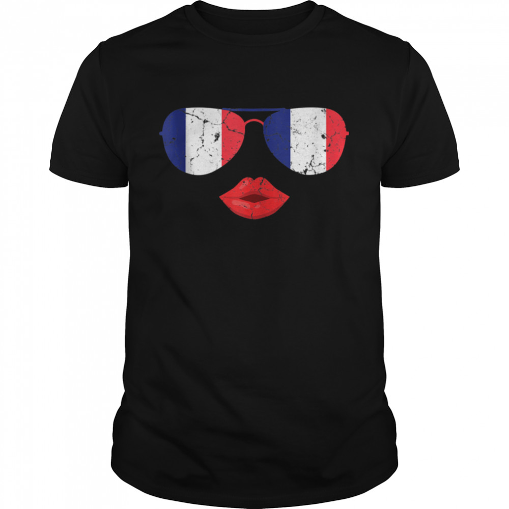 French Sunglasses Kissing Lips French Flag shirt