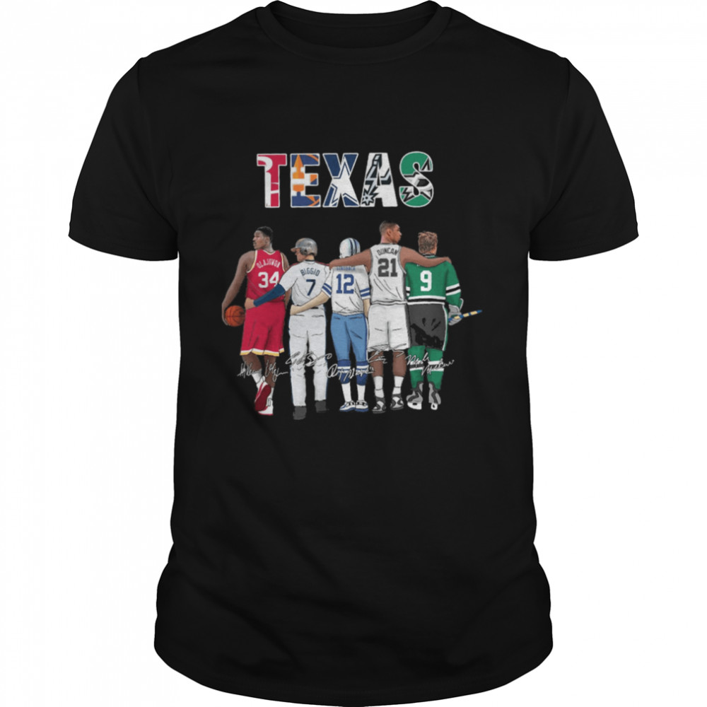Texas Sport Teams With 34 Olajuwon 7 Biggio 12 Staubach 21 Duncan And 9 Modano Signatures  Classic Men's T-shirt