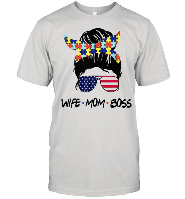 Autism Awareness Wife Mom Boss Messy Bun Usa Flag Shirt