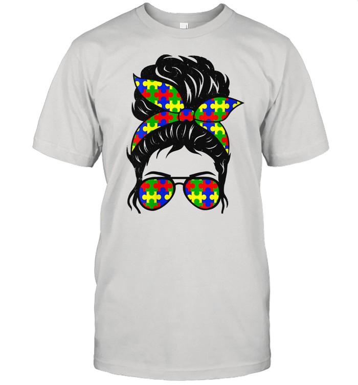 Womens Autistic Autism Awareness Sunglasses Bandana Messy Bun shirt Classic Men's T-shirt