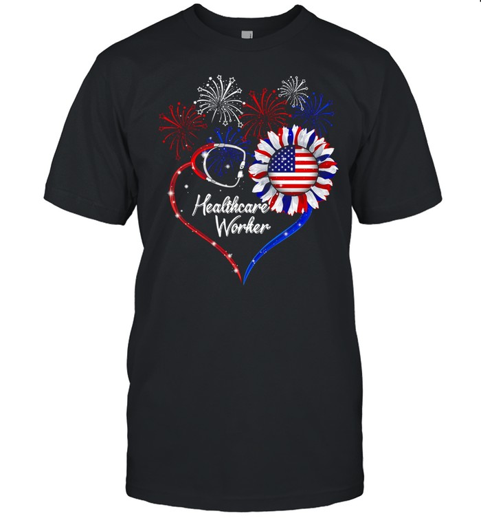 Healthcare Worker Sunflower American Flag Patriotic 4th Of July shirt