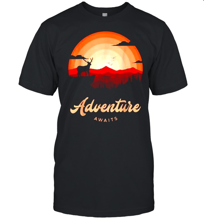 Adventure Awaits Vintage Sunset Mountain Deer Forest T-Shirt