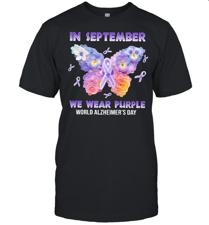 butterfly in september we wear purple world alzheimers day shirt