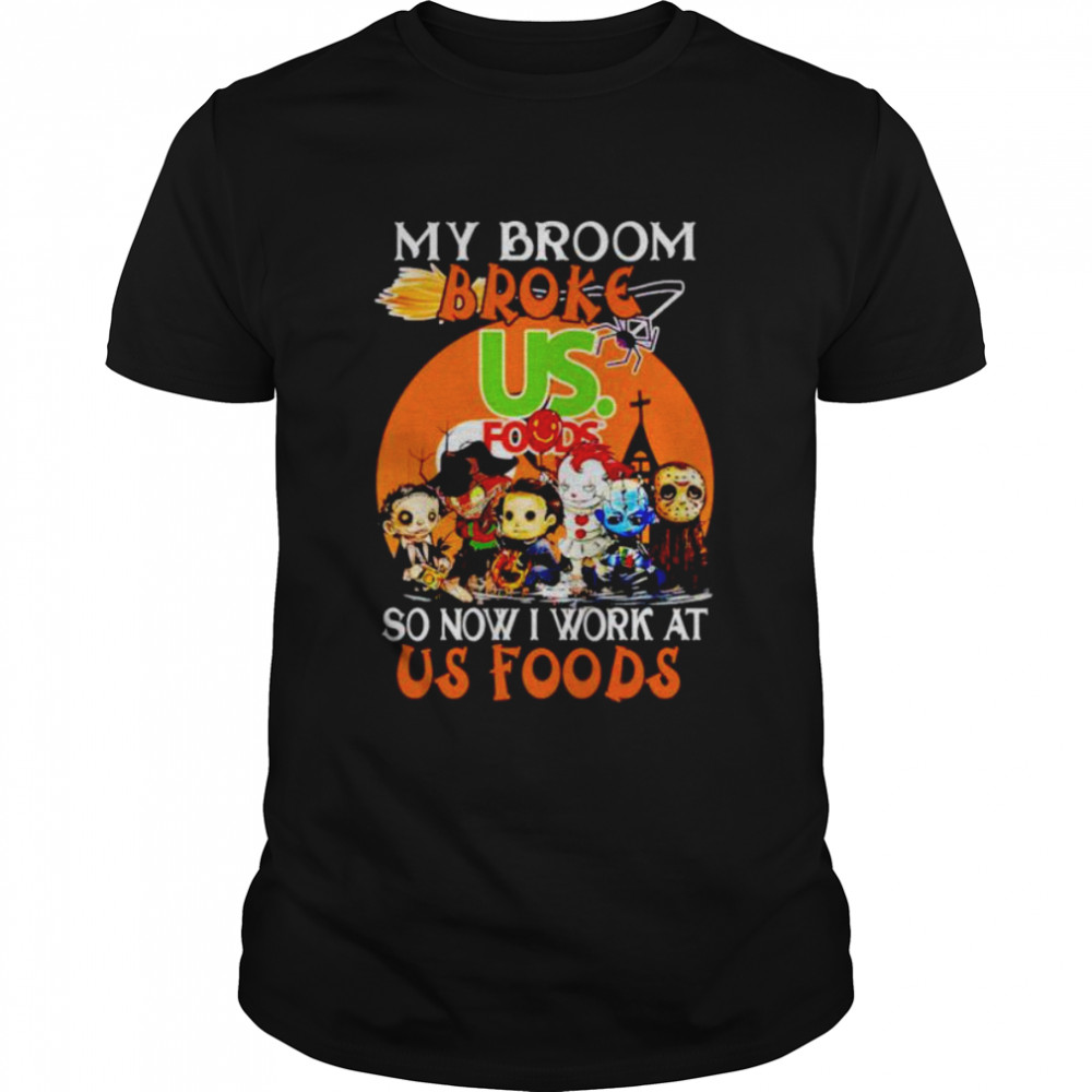Horror Halloween chibi my broom broke so now I work at Us Foods shirt