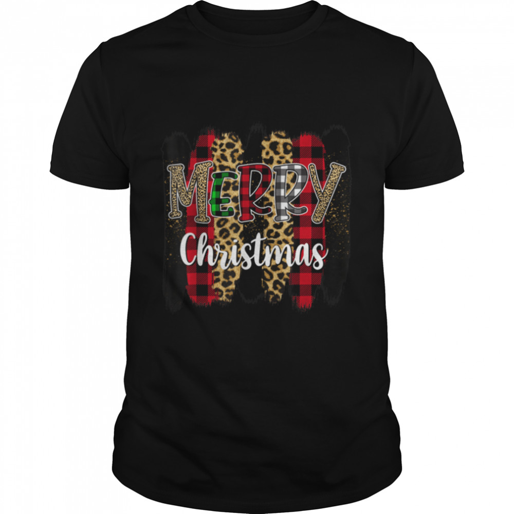 Merry-Christmas Green Red Buffalo Plaid Leopard Xmas Holiday T-Shirt B09K4F2GKM