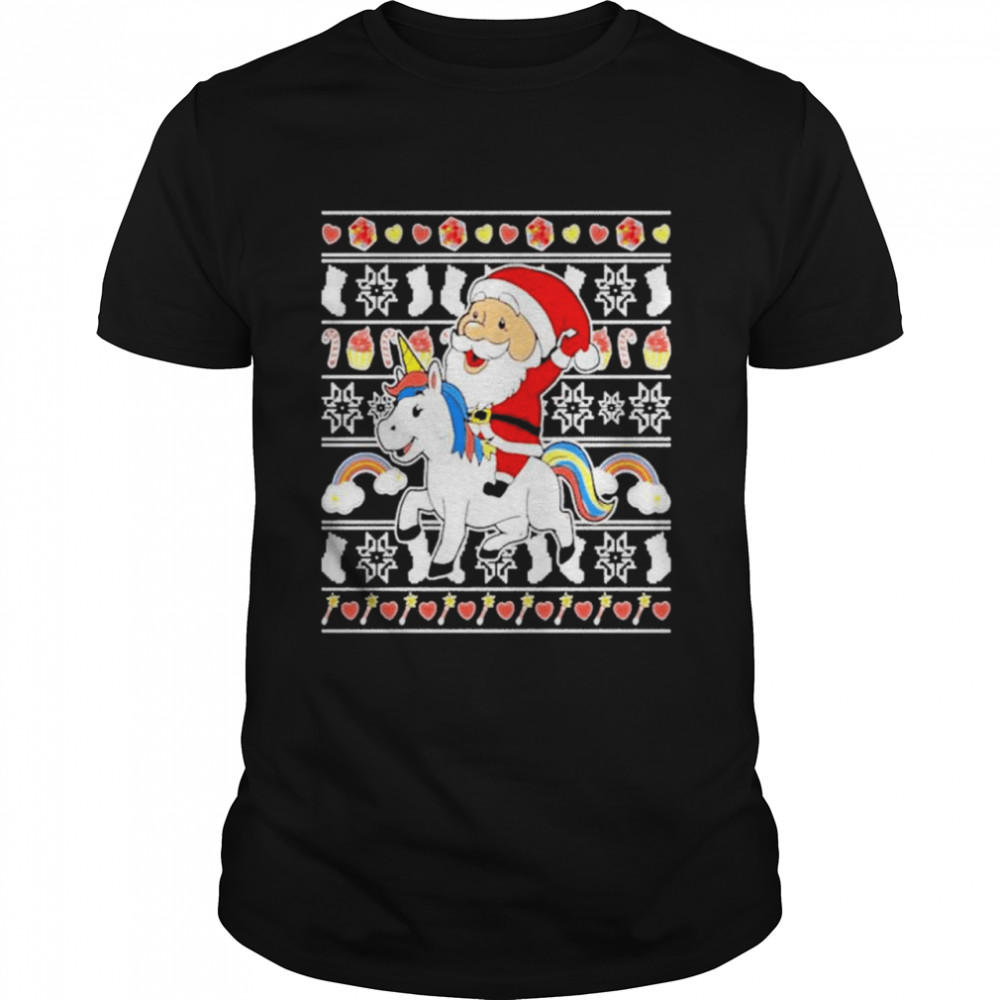 Santa claus riding unicorn ugly Christmas shirt