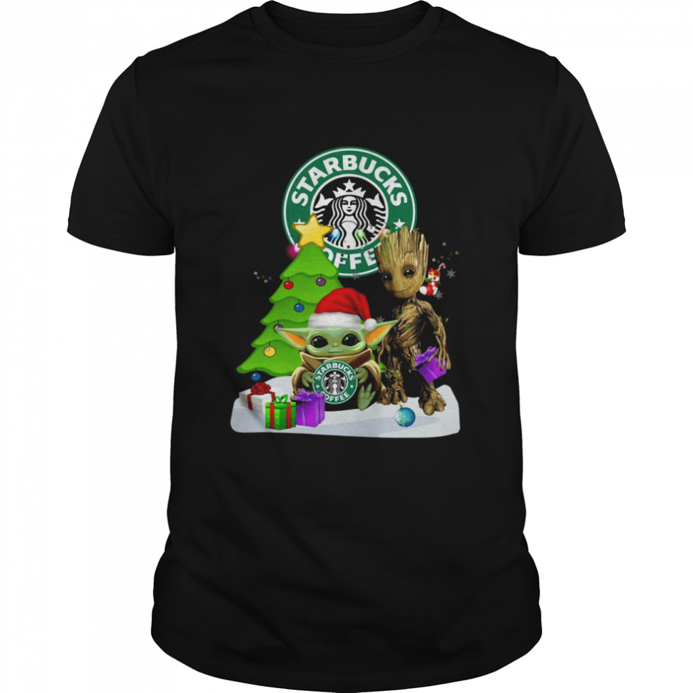 santa Bigfoot and Baby Yoda hug Starbuck Coffee Snow Christmas Tree shirt