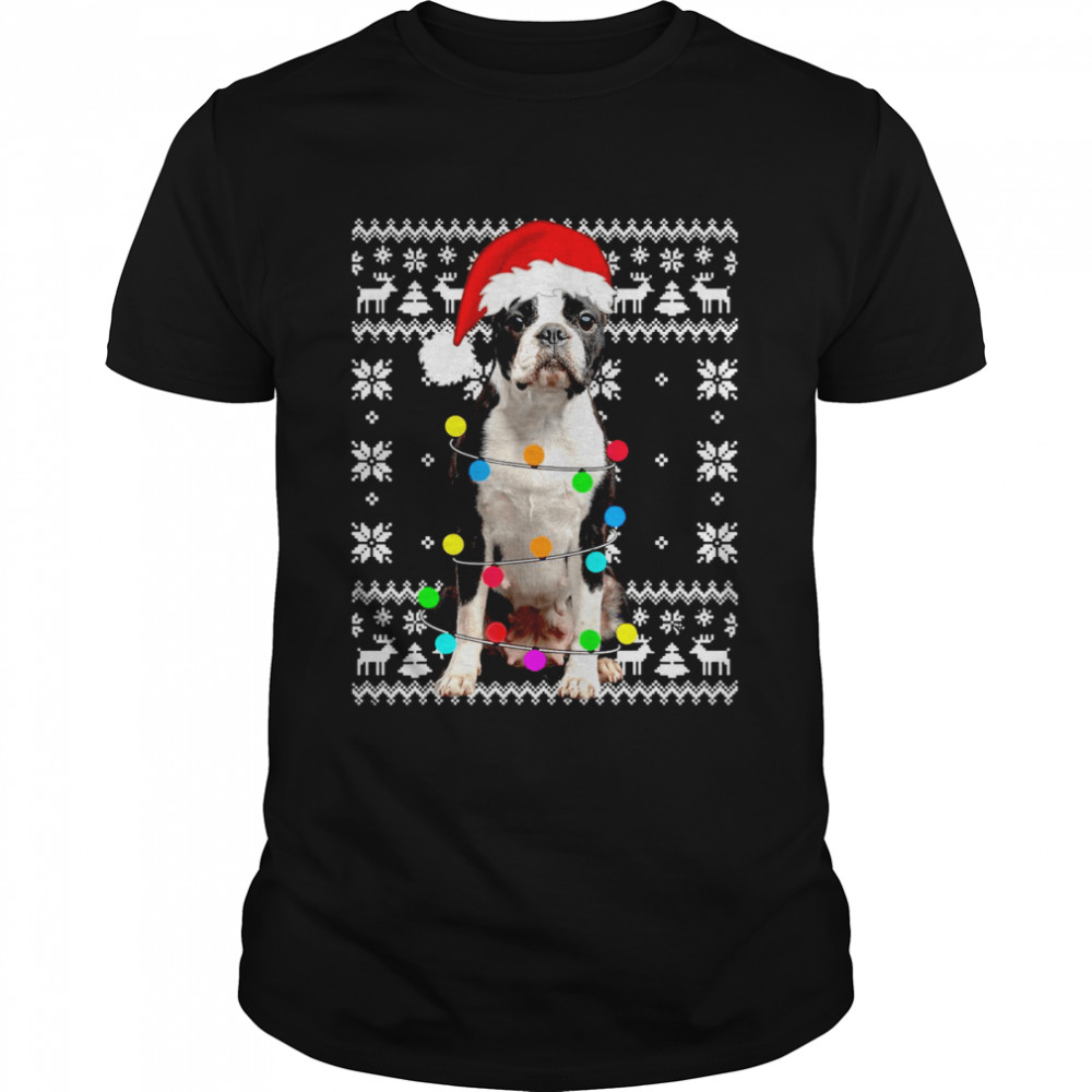 Boston Terrier Lights Ugly Puppy Santa Hat Weihnachten Shirt