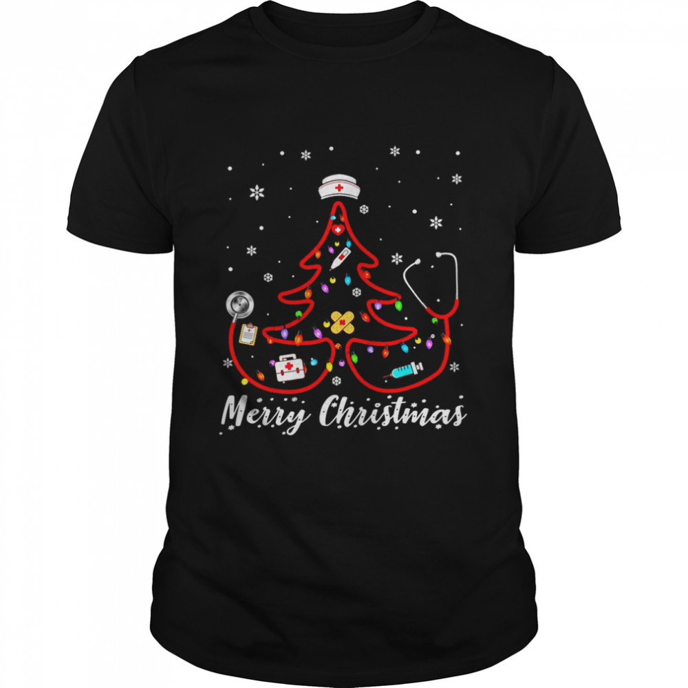 Merry Christmas Nurse Tree Stethoscope RN LPN Scrub Nursing Shirt