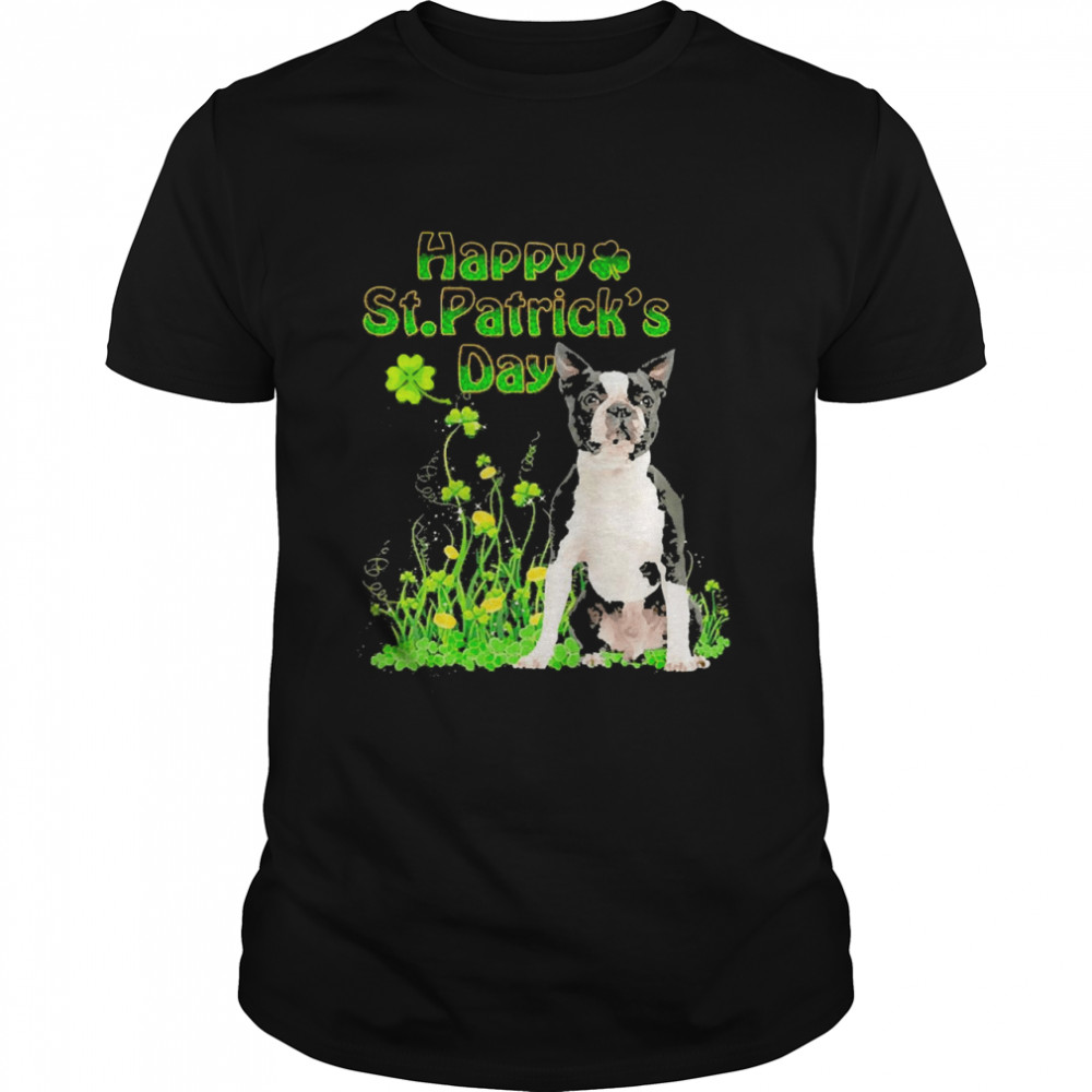 Happy St. Patrick’s Day Patrick Gold Grass Black Boston Terrier Dog Shirt