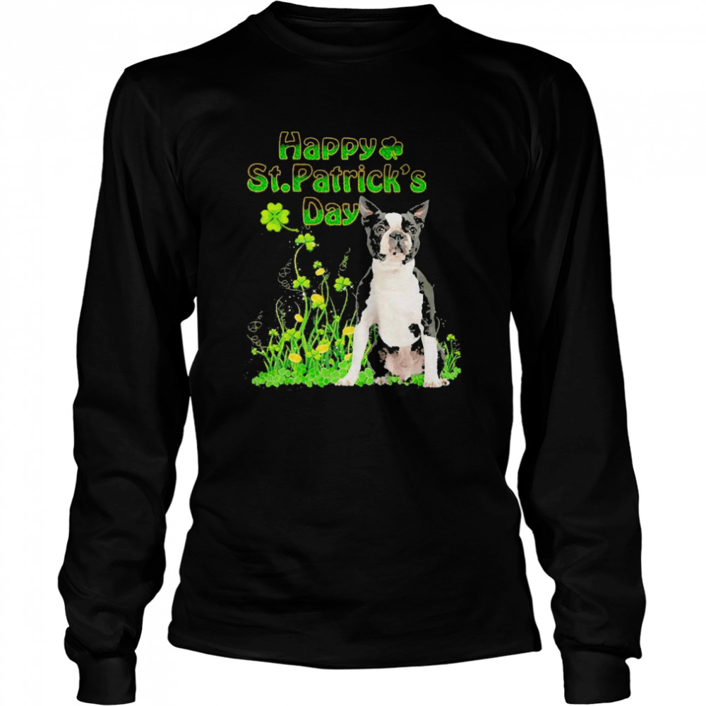 Happy St. Patrick’s Day Patrick Gold Grass Black Boston Terrier Dog  Long Sleeved T-shirt