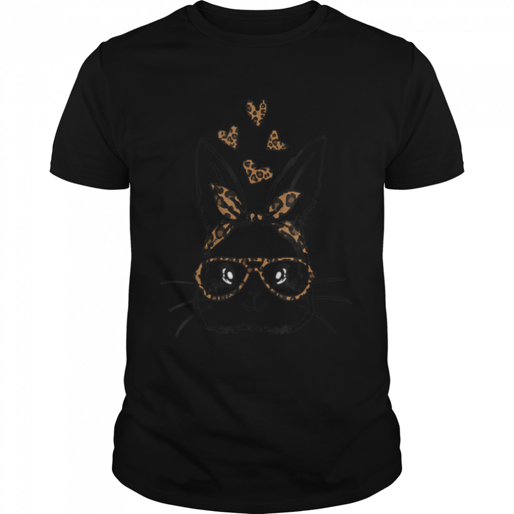 Women Girls Easter Day 2022 Bunny Face Leopard Print Glasses T-Shirt B09VP1PGHJ