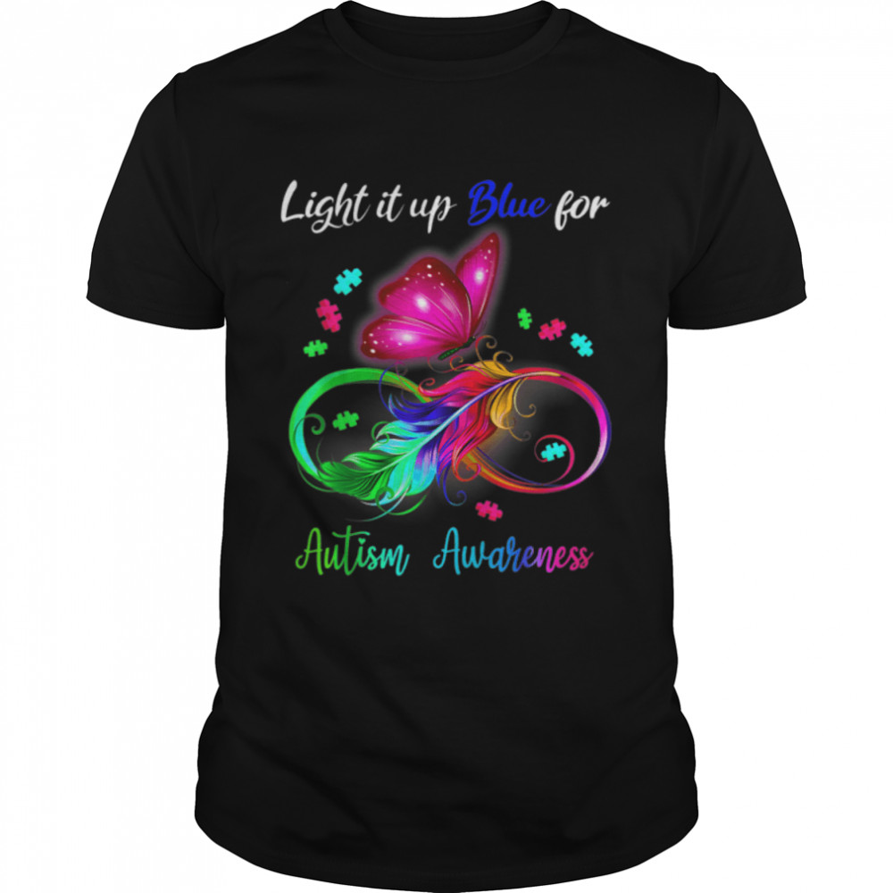 Light it up Blue for Autism Awareness Butterfly Feather Pink T-Shirt B09W5QZXFJ
