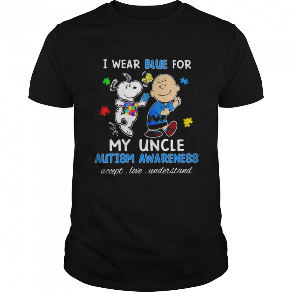 Snoopy Woodstock And Charlie Brown I Wear Blue For My Uncle Autism Awareness Accept Love Understand Shirt