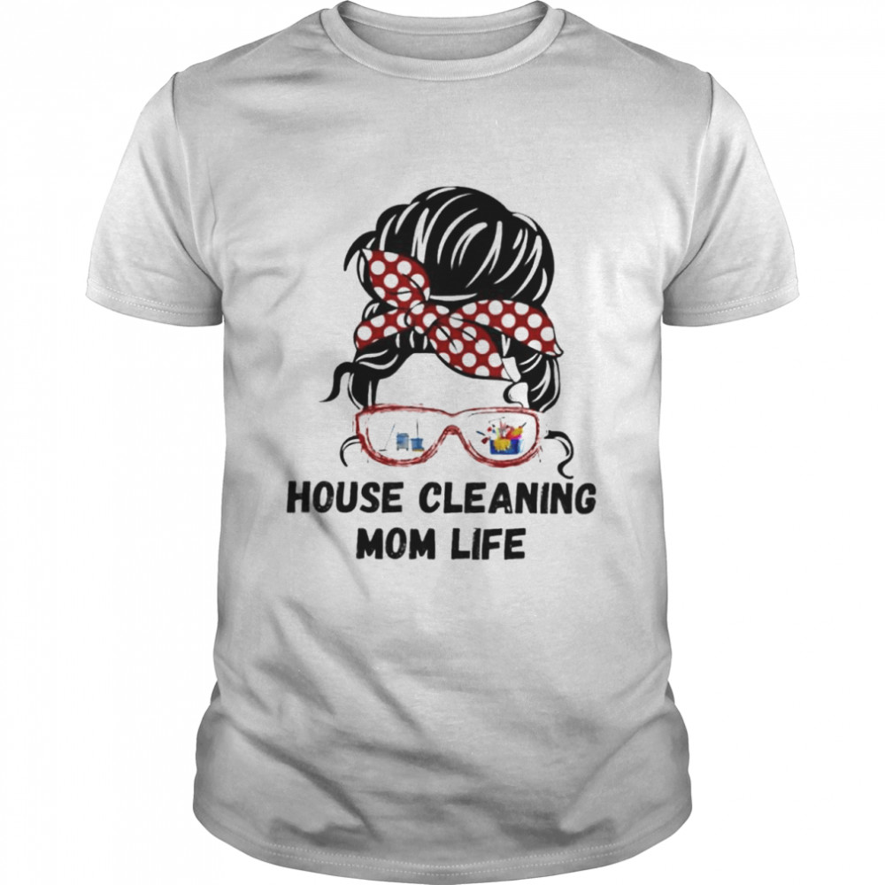 House cleaning messy bun hair camper lady shirt