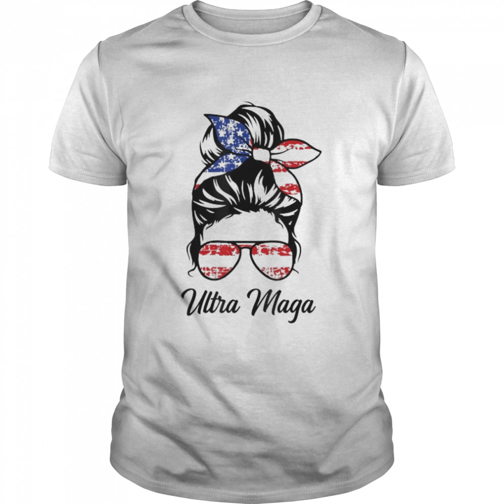 Messy bun women ultra maga pro Trump ultra maga American flag shirt