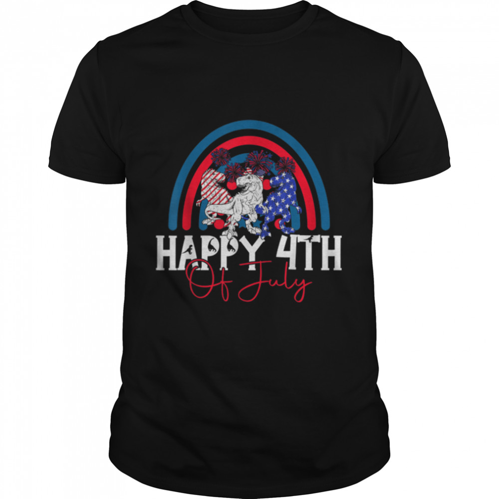 Happy 4th Of July Dinosaur T Rex Lover Rainbow American Flag T-Shirt B0B1PBMTSJ