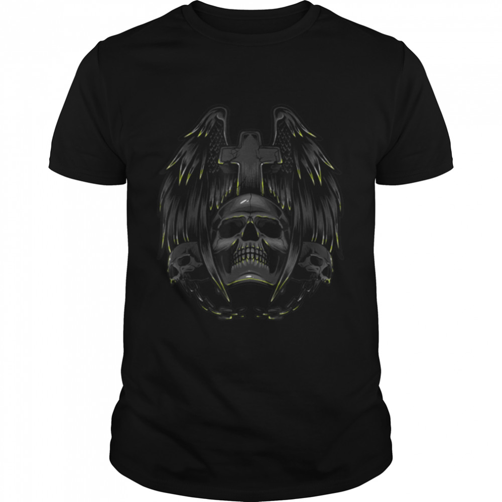 3 Skulls and Cross Tattoo Art Gothic Emo Punk Death Metal T-Shirt B0B2D6YHK2