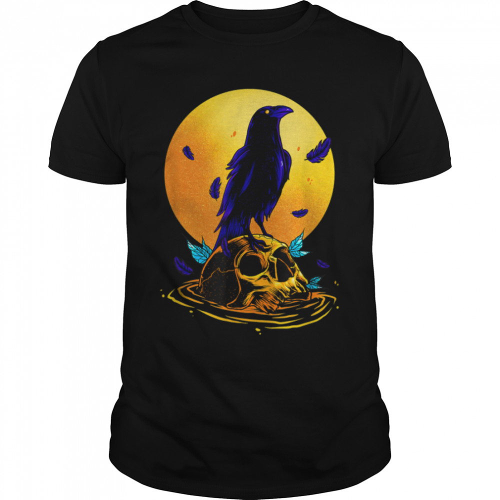 Black and White Raven Crow Skull Emo Punk Gothic Bird Lover T-Shirt B0B2CR29QY