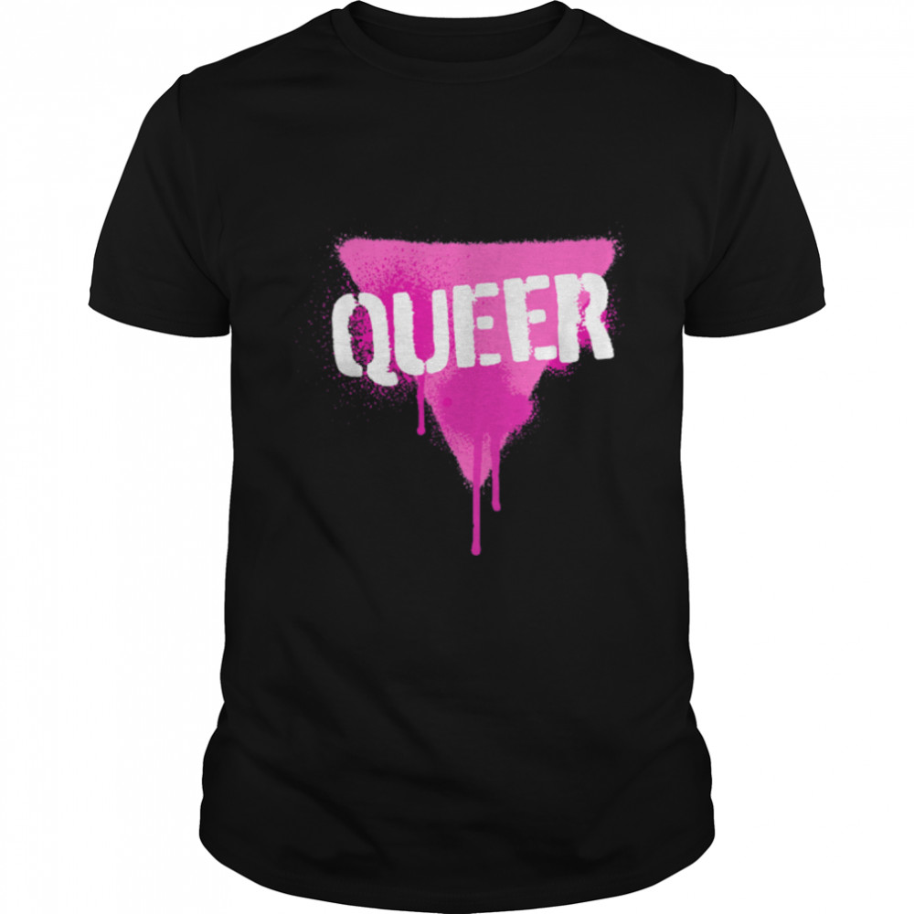 Queer Pink Triangle In Punk Spray Paint Stencil Style Font T-Shirt B09JWWJSY7