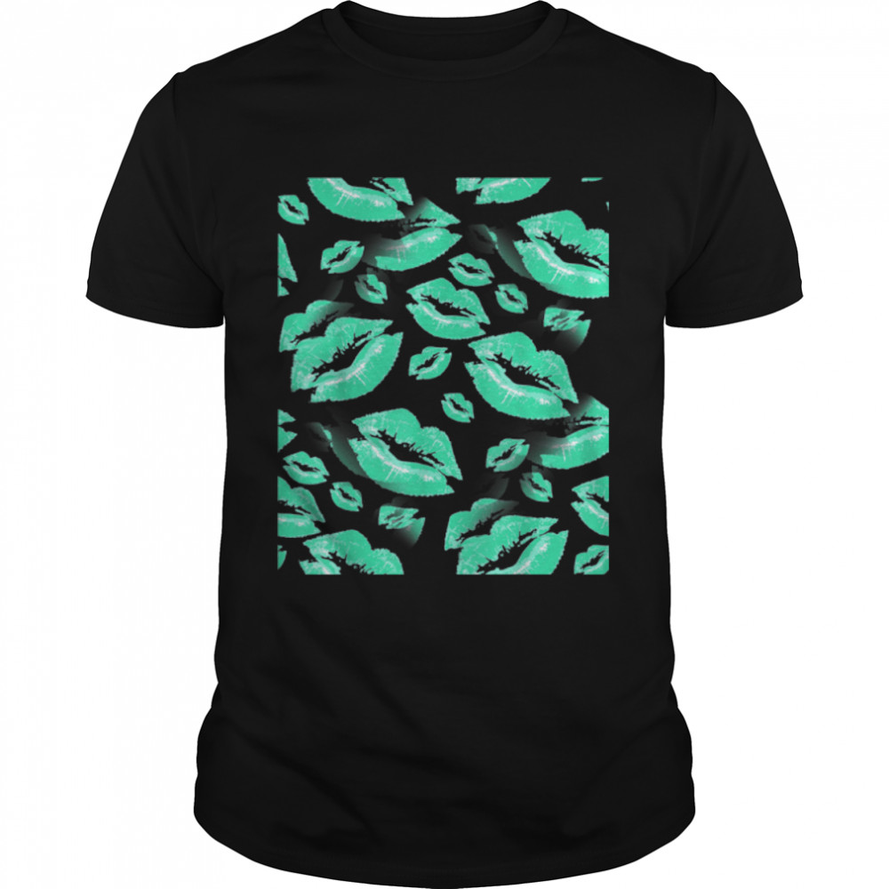 Two Kisses Collided Lip Affectionate Aqua Lips Pattern T-Shirt B09R7KX1KP