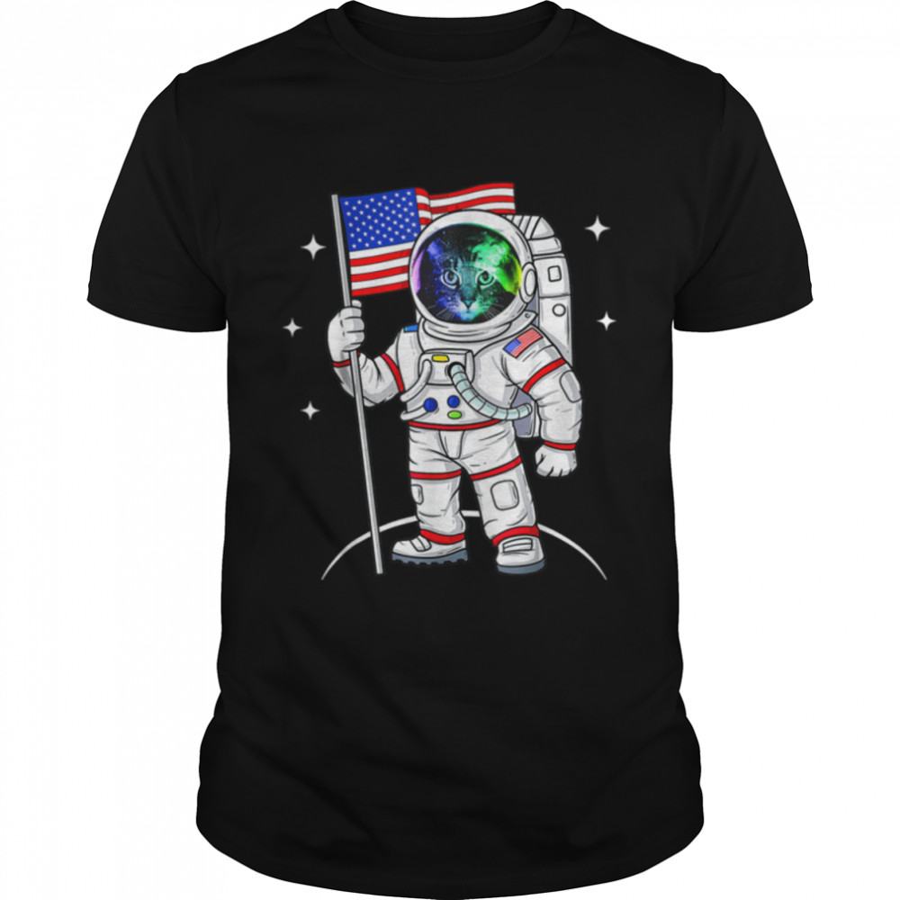 4th Of July Astronaut space cat American Flag Patriotic Gift T-Shirt B0B5542S67