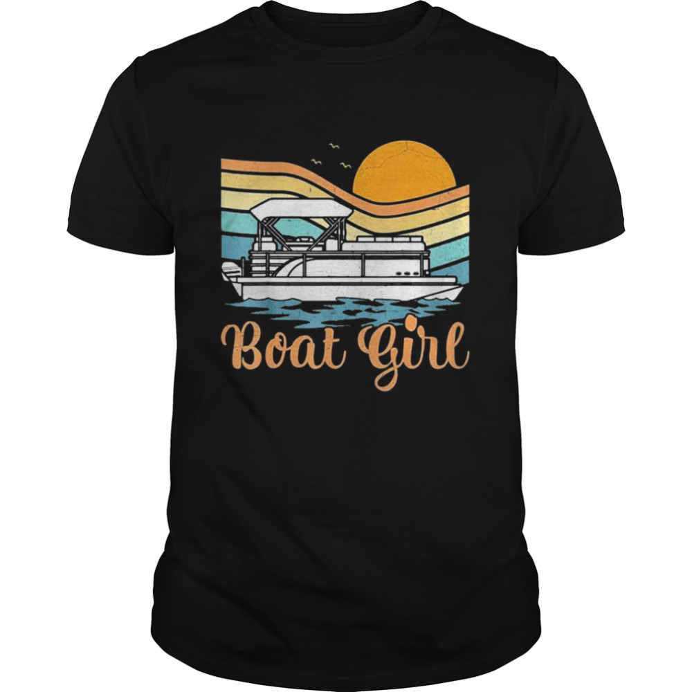 Pontoon Boat Lover Vintage Retro Sunset Boat Girl Boating  Classic Men's T-shirt