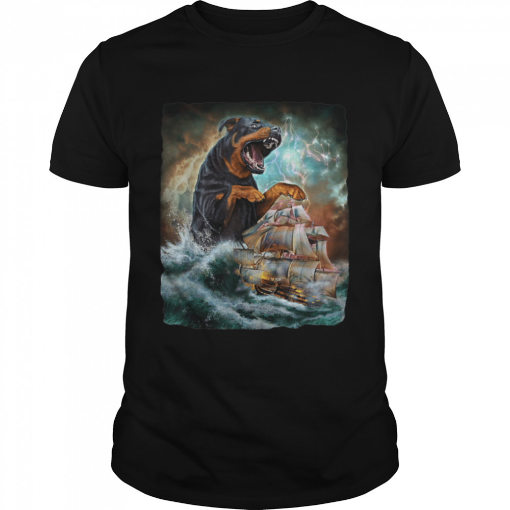 Rottweiler Dog as Kraken Attack a War Ship at High Seas T-Shirt B0B3BLKJD8
